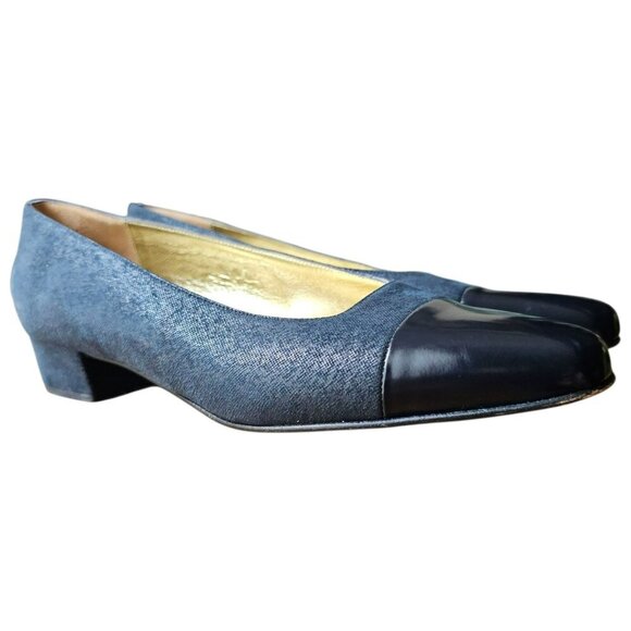 Vintage Bruno Magli Blue Leather Pumps Block Heel Cap Toe Narrow Womens 8.5 AA - Picture 6 of 14